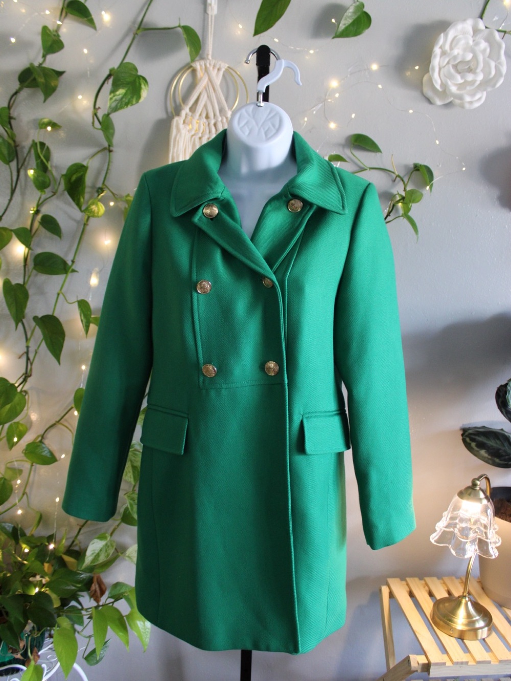 Zara Emerald Green Double Breasted Gold Button Military Coat XS (Fits Small)